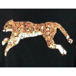 Bozaglo Knit Top Women Size M Black with Gold Sequined Cougar Leopard Round Neck